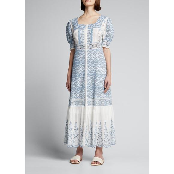 LoveShackFancy Helena Embroidered Maxi Dress Ivory Shores Blue Size 6 NWT - Picture 1 of 16